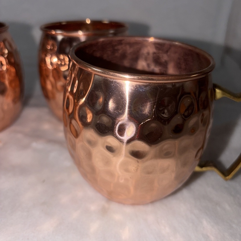 Solid Copper Classic Hammered Moscow Mule Cups Set of 4 Brass Handles Patina GUC - Picture 3 of 12